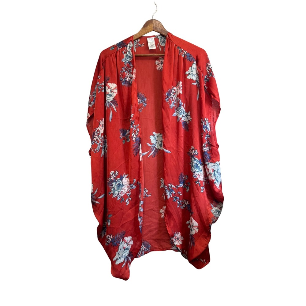 Time and Tru Kimono Women One Size Red Excellent Floral Print Open Front Coverup